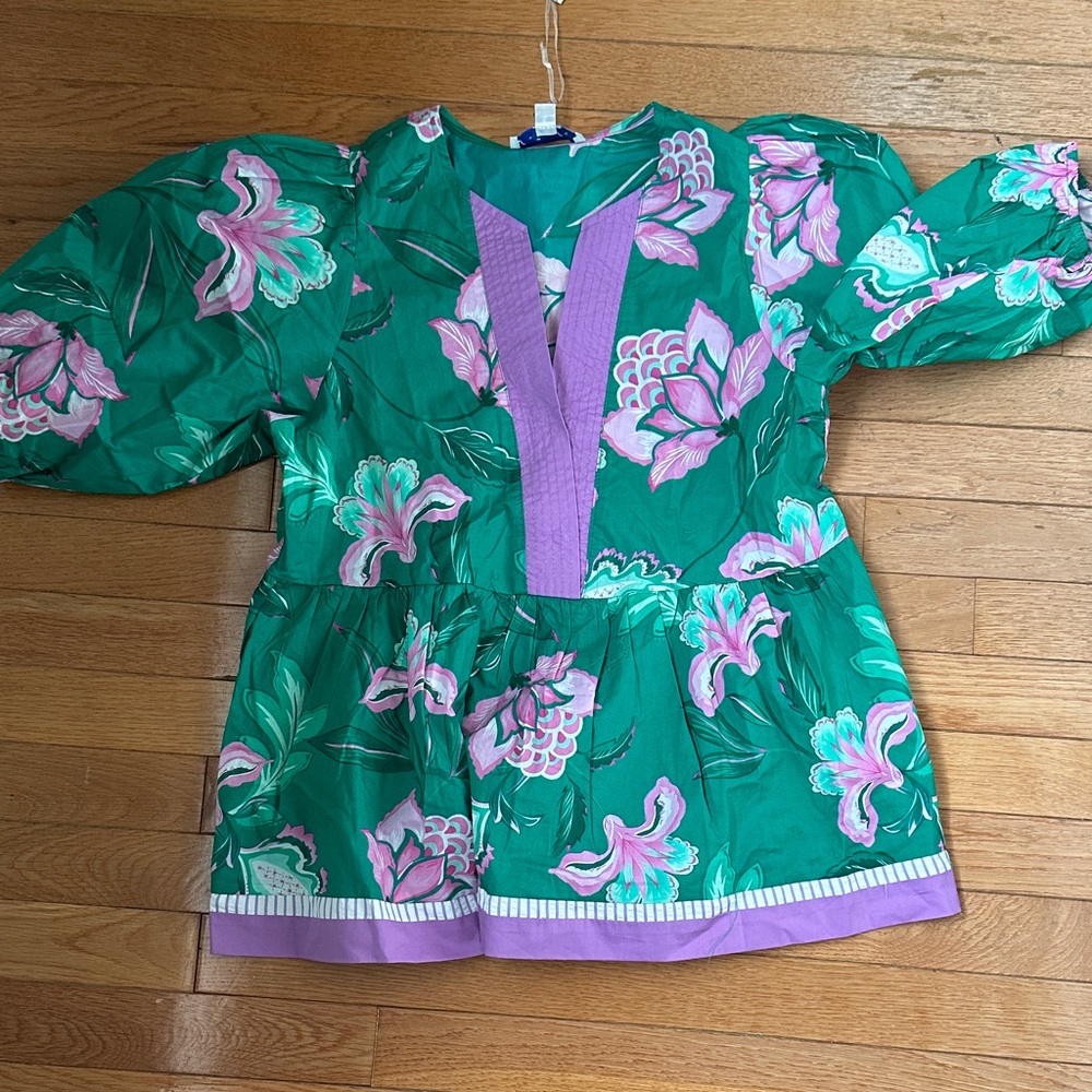 She and Sky Green Floral Peplum Top with Pink and Purple Accents